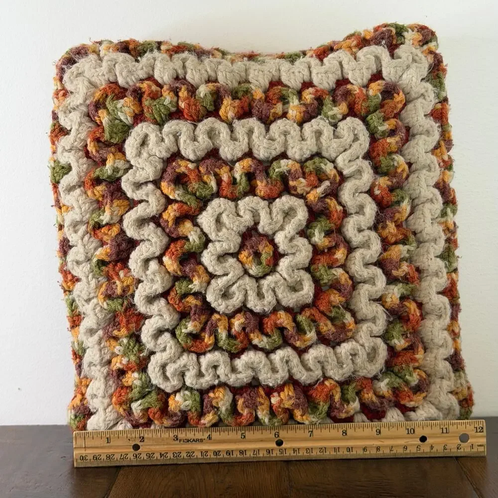Vintage Hand Crocheted Throw Pillow Cover 12x12 | Handmade Crochet Cushion